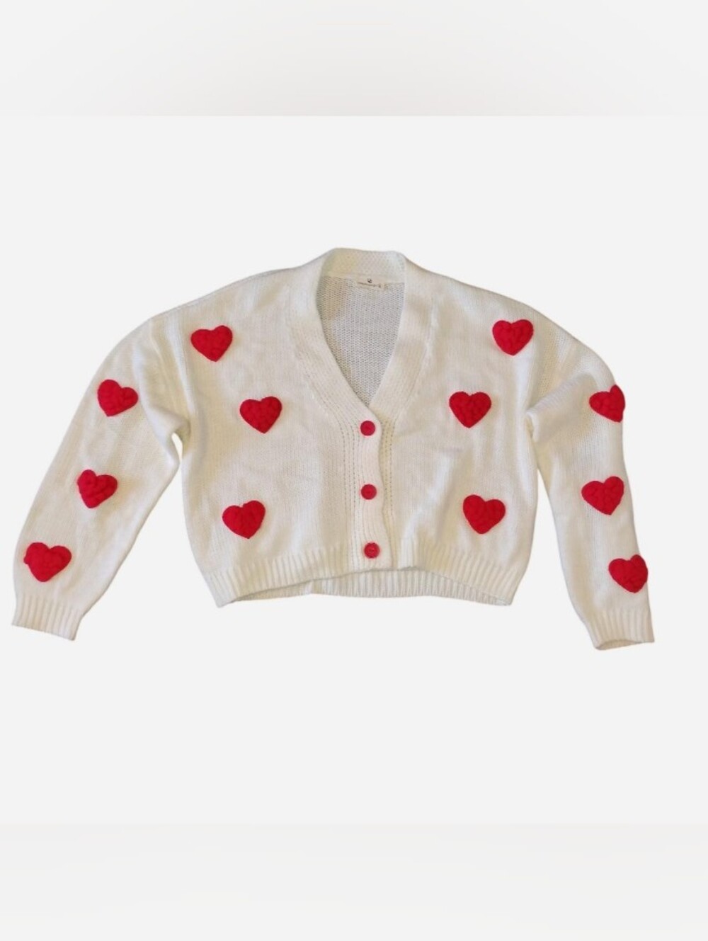 Urban Daizy Cream Knit Cardigan with Red 3D Hearts - Size L